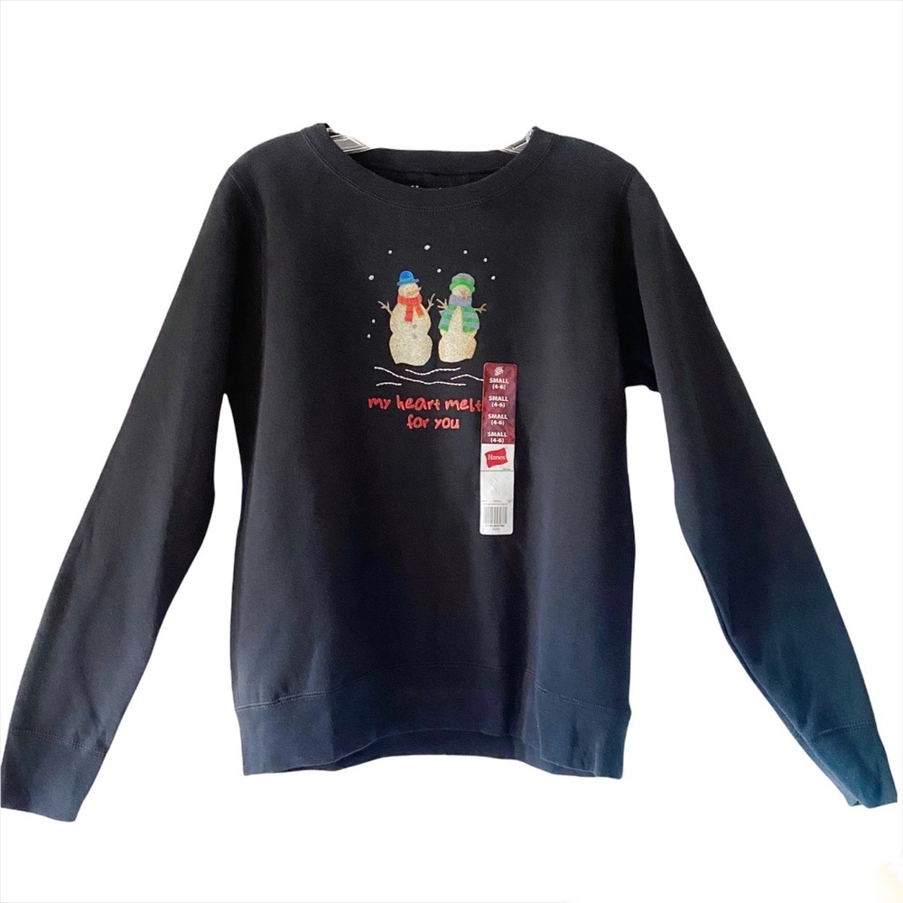 NWT Hanes Womens Black Christmas Holiday Snowman Pullover Sweatshirt Small S